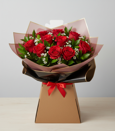 The Luxe Dozen - This beautiful bouquet features a dozen luxury red roses and scented wax flower, presented in water in a gift box